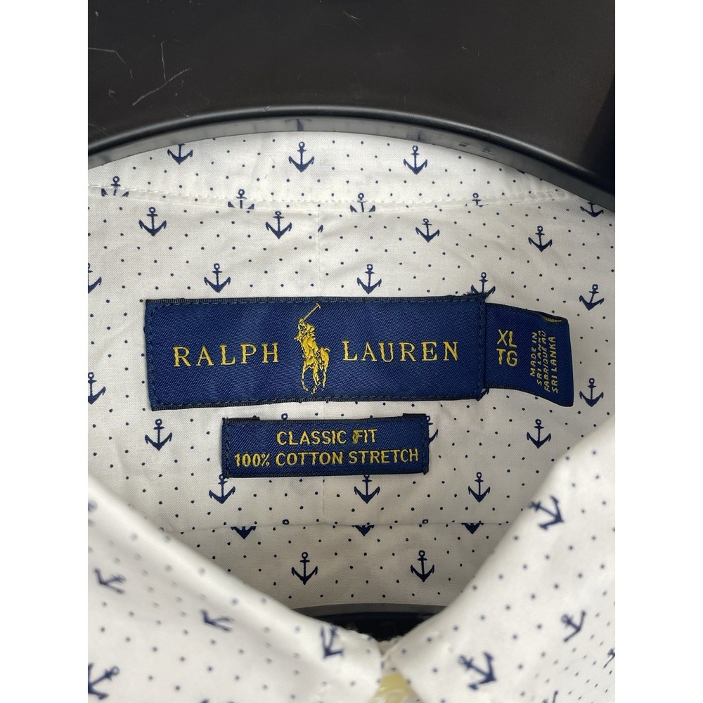 Polo Ralph Lauren‎ Button Down Shirt XL White Blue Anchor Print Classic Stretch - Picture 4 of 7